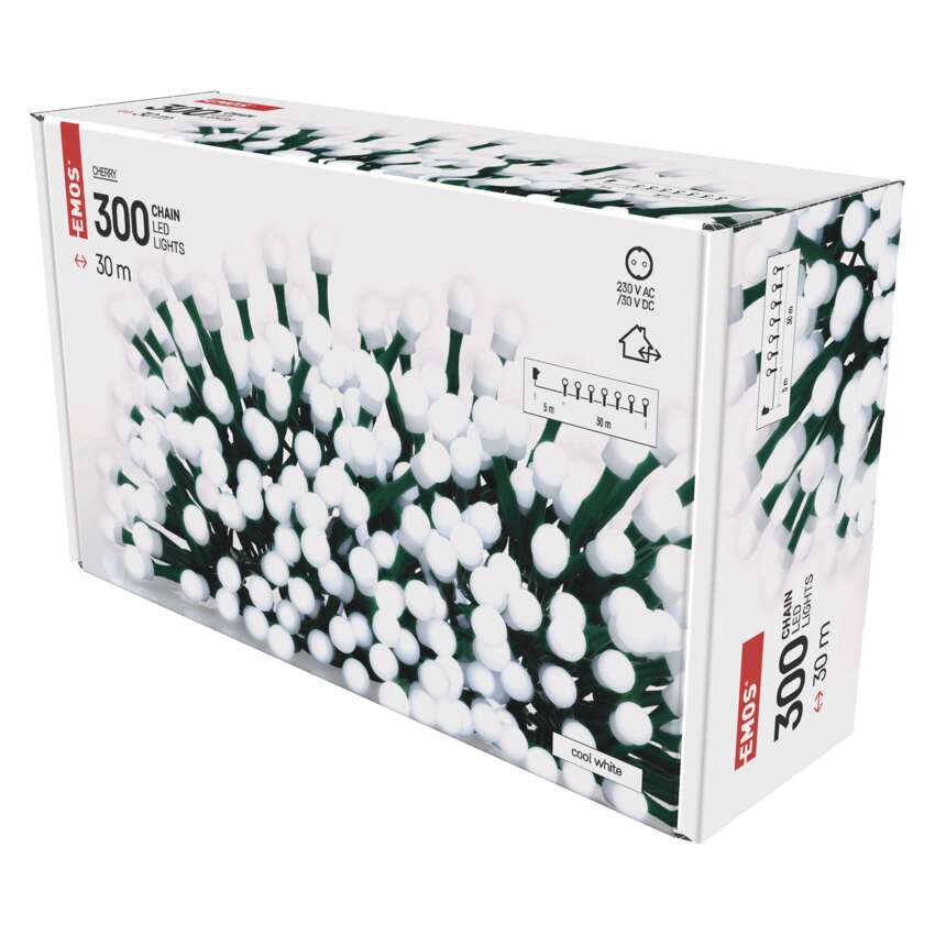 LED božična cherry veriga – kroglice, 30 m, zunanja in notranja, hladna bela, časovnik