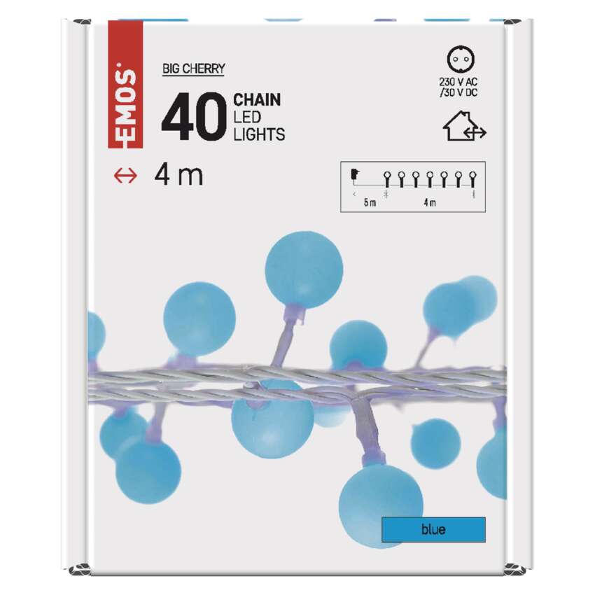 LED svetlobna cherry veriga – kroglice 2,5 cm, 4 m, zunanja in notranja, modra, časovnik
