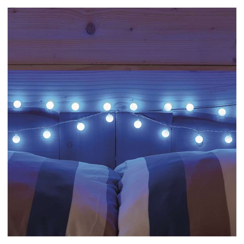 LED svetlobna cherry veriga – kroglice 2,5 cm, 4 m, zunanja in notranja, modra, časovnik