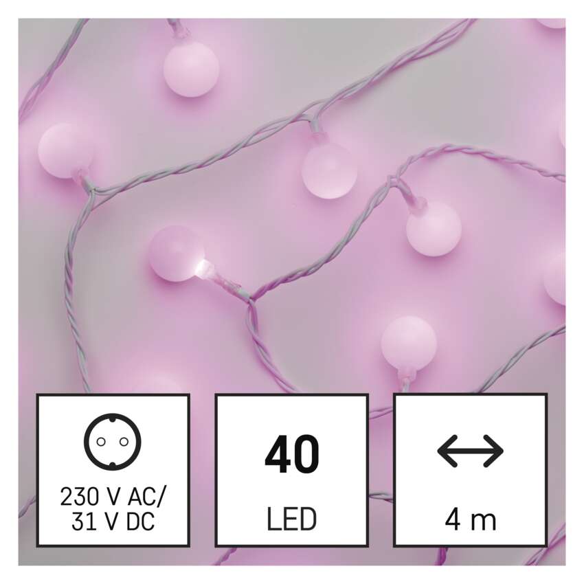 LED svetlobna cherry veriga – kroglice 2,5 cm, 4 m, zunanja in notranja, rožnata, časovnik