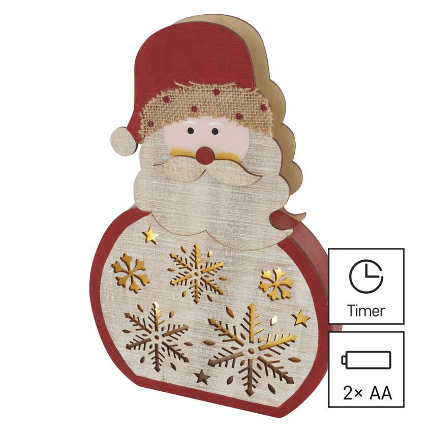 LED lesena dekoracija – Santa, 30 cm, 2x AA, notranja, topla bela, časovnik