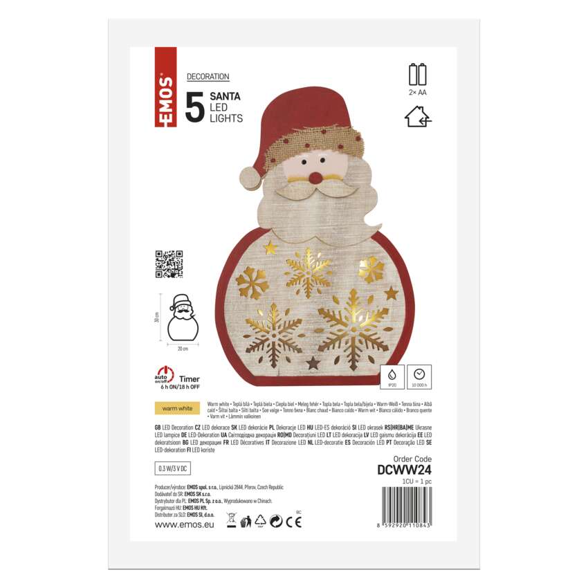 LED lesena dekoracija – Santa, 30 cm, 2x AA, notranja, topla bela, časovnik