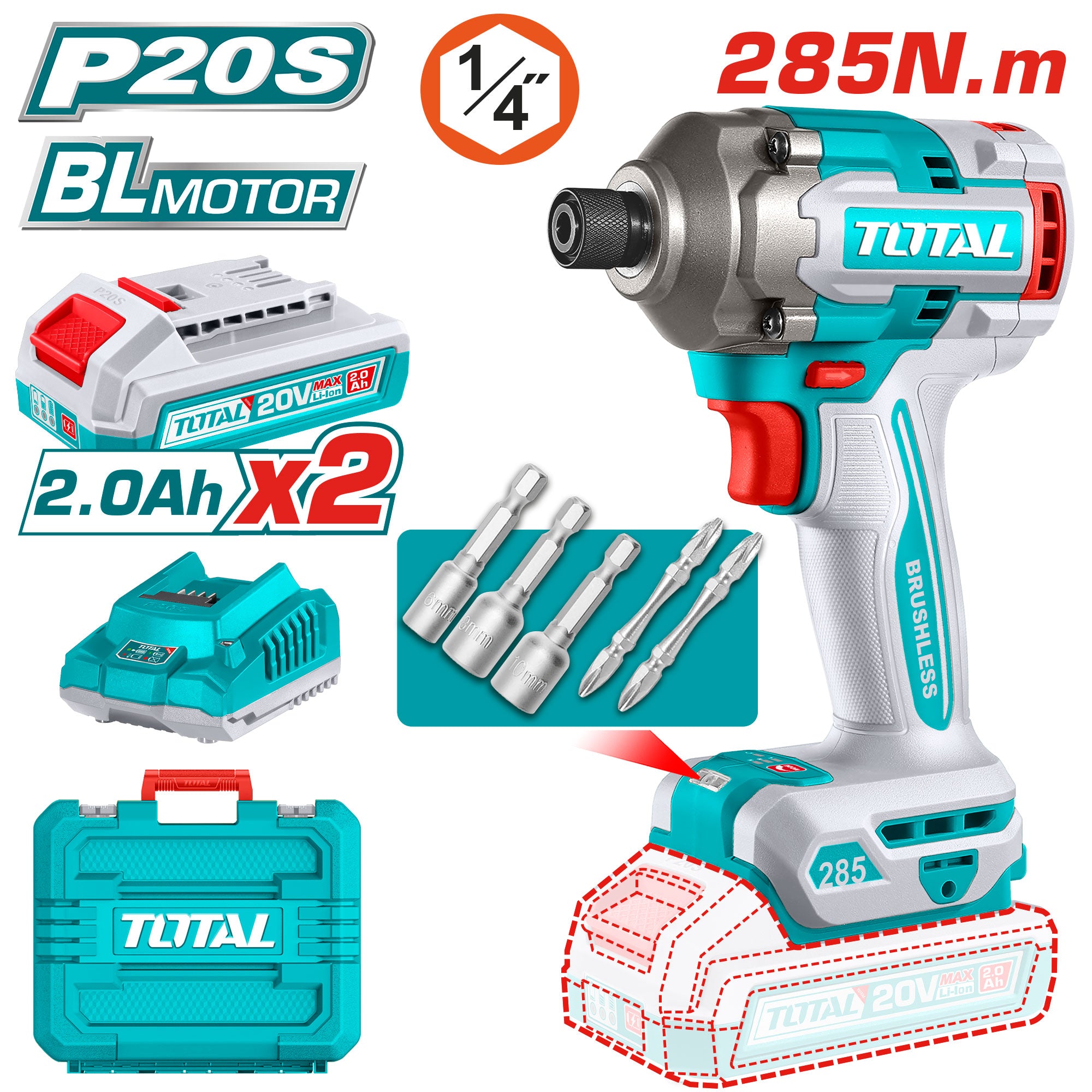 Akumulatorski udarni vijačnik 285Nm/6,35mm/ INDUSTRIAL (SET Baterija 2x2Ah, Polnilec, Torba) (TIRLI2028) TOTAL