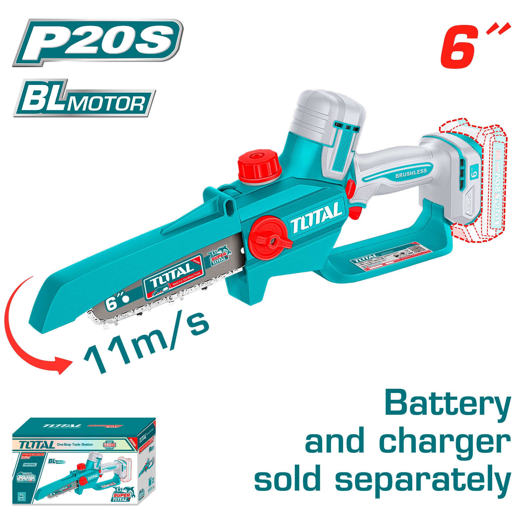 Akumulatorska mini verižna žaga 150mm, 20V/2.0Ah-7.5Ah/P20S/ INDUSTRIAL (Brez baterije) (TGSLI2066) TOTAL