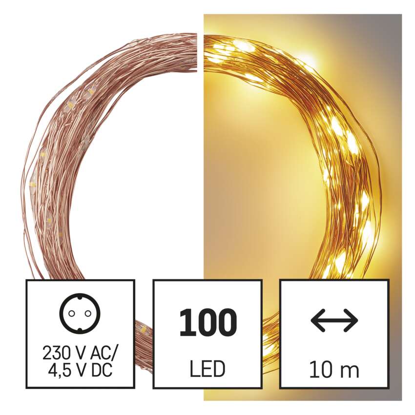 LED božična nano veriga bakrena, 10 m, zunanja in notranja, topla bela, časovnik