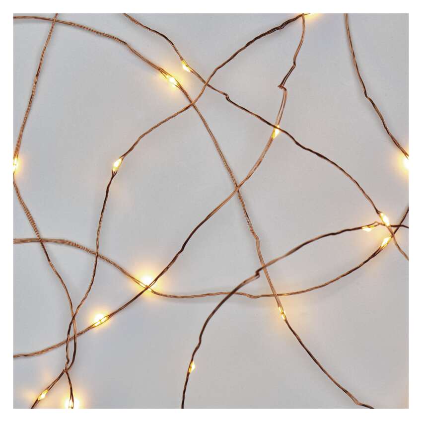 LED božična nano veriga bakrena, 10 m, zunanja in notranja, topla bela, časovnik