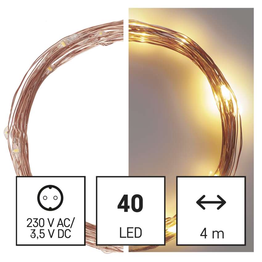 LED božična nano veriga bakrena, 4 m, zunanja in notranja, topla bela, časovnik