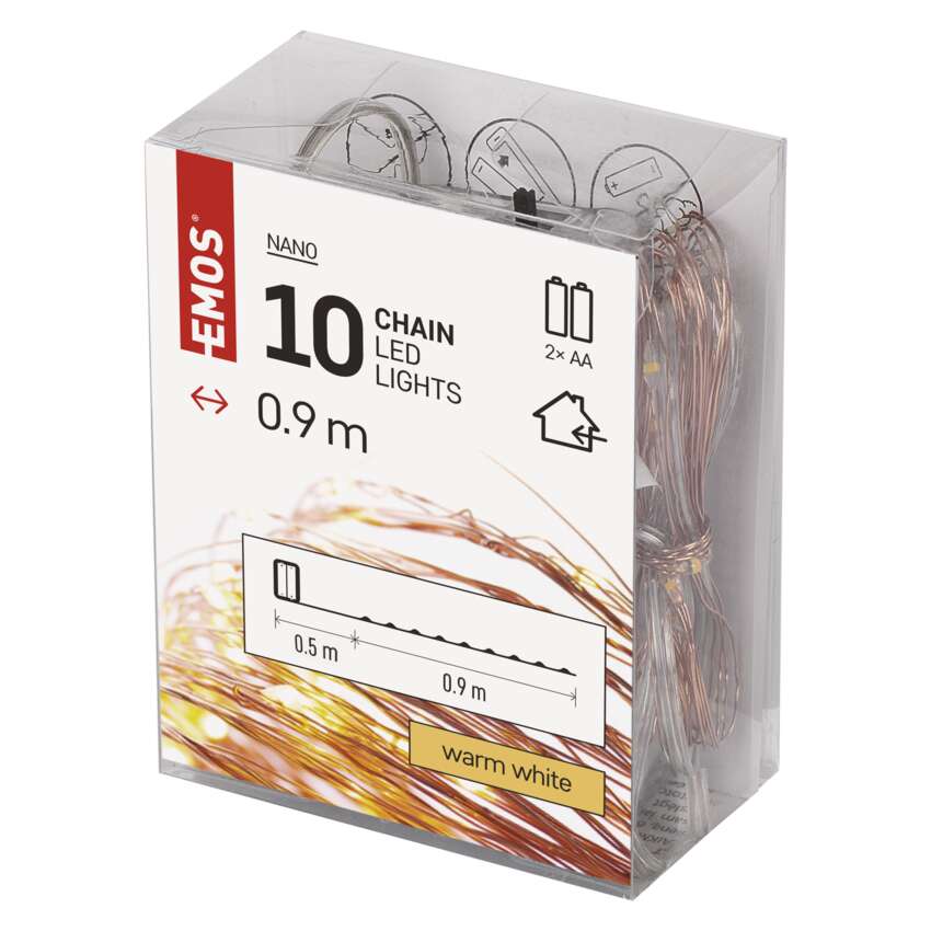 LED božična nano veriga bakrena, 0,9 m, 2x AA, notranja, topla bela, časovnik