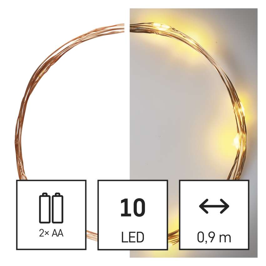 LED božična nano veriga bakrena, 0,9 m, 2x AA, notranja, topla bela, časovnik