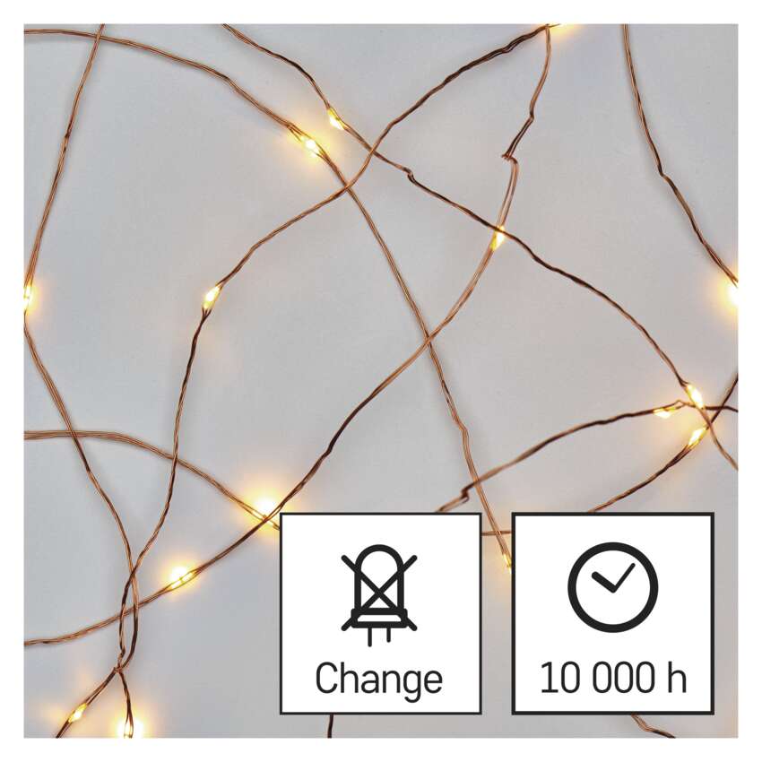 LED božična nano veriga bakrena, 0,9 m, 2x AA, notranja, topla bela, časovnik