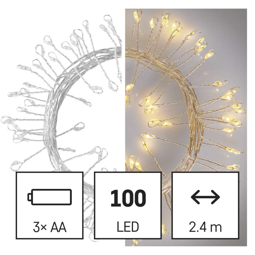 LED božična nano veriga – jež, 2,4 m, 3x AA, notranja, topla bela, časovnik