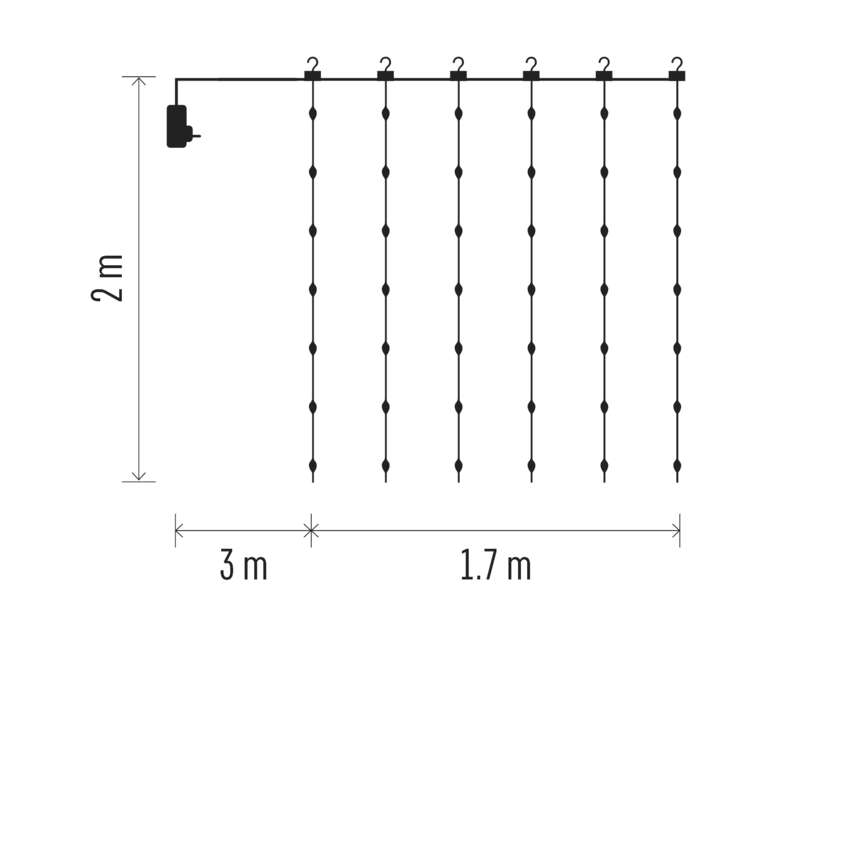 LED božična nano veriga drop zavesa, 1,7x2 m, zunanja in notranja, topla bela, programi