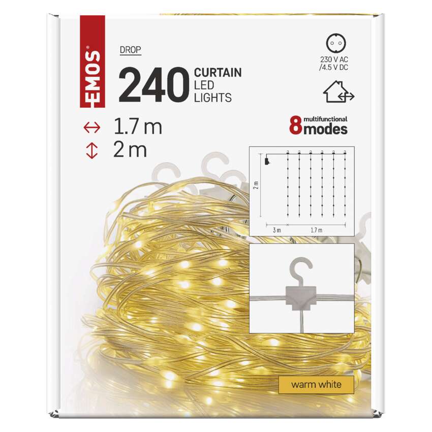 LED božična nano veriga drop zavesa, 1,7x2 m, zunanja in notranja, topla bela, programi