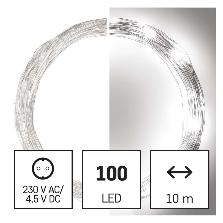 LED božična nano veriga srebrna, 10 m, zunanja in notranja, hladna bela, časovnik
