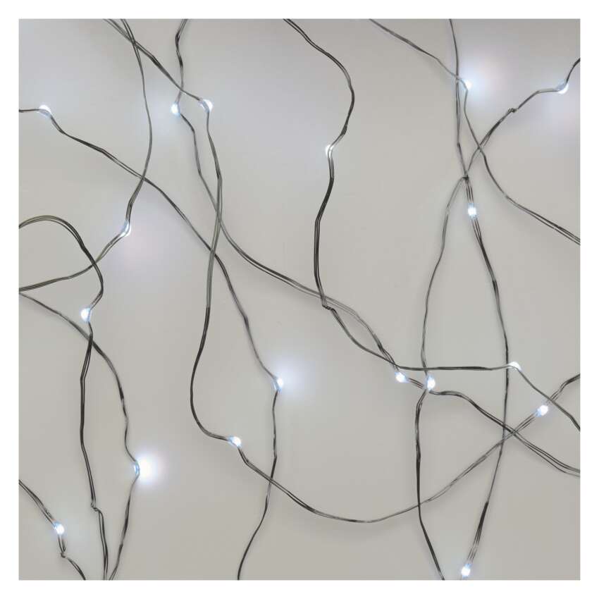 LED božična nano veriga srebrna, 0,9 m, 2x AA, notranja, hladna bela, časovnik
