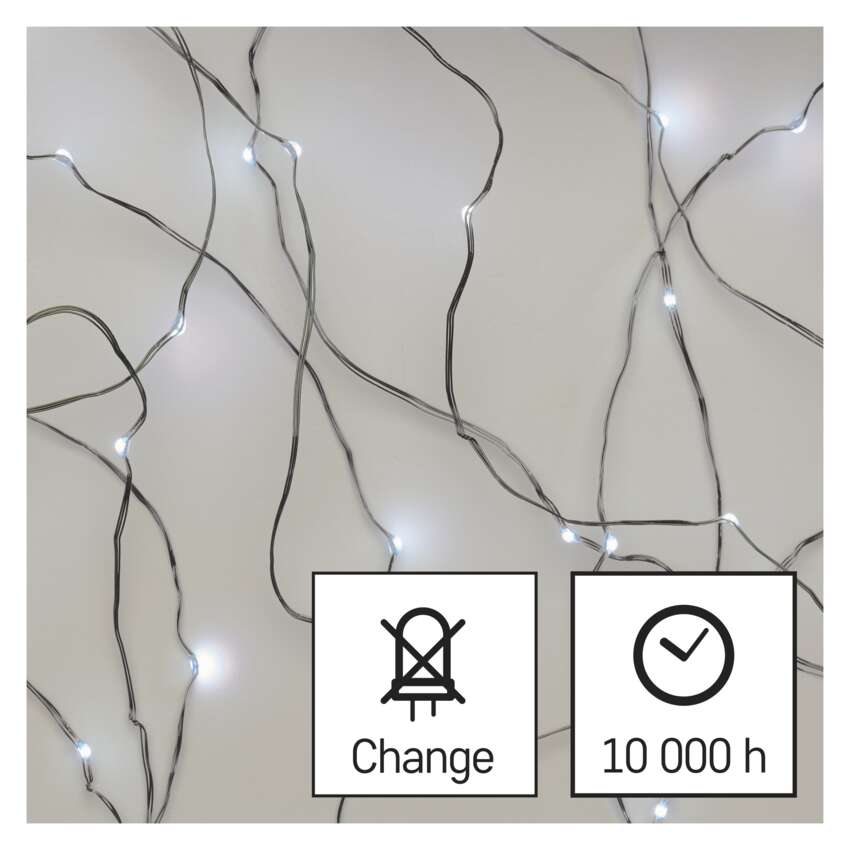 LED božična nano veriga srebrna, 0,9 m, 2x AA, notranja, hladna bela, časovnik