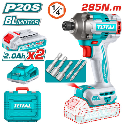 Akumulatorski udarni vijačnik 285Nm/6,35mm/ INDUSTRIAL (SET Baterija 2x2Ah, Polnilec4A, Torba) (TIRLI2028E) TOTAL