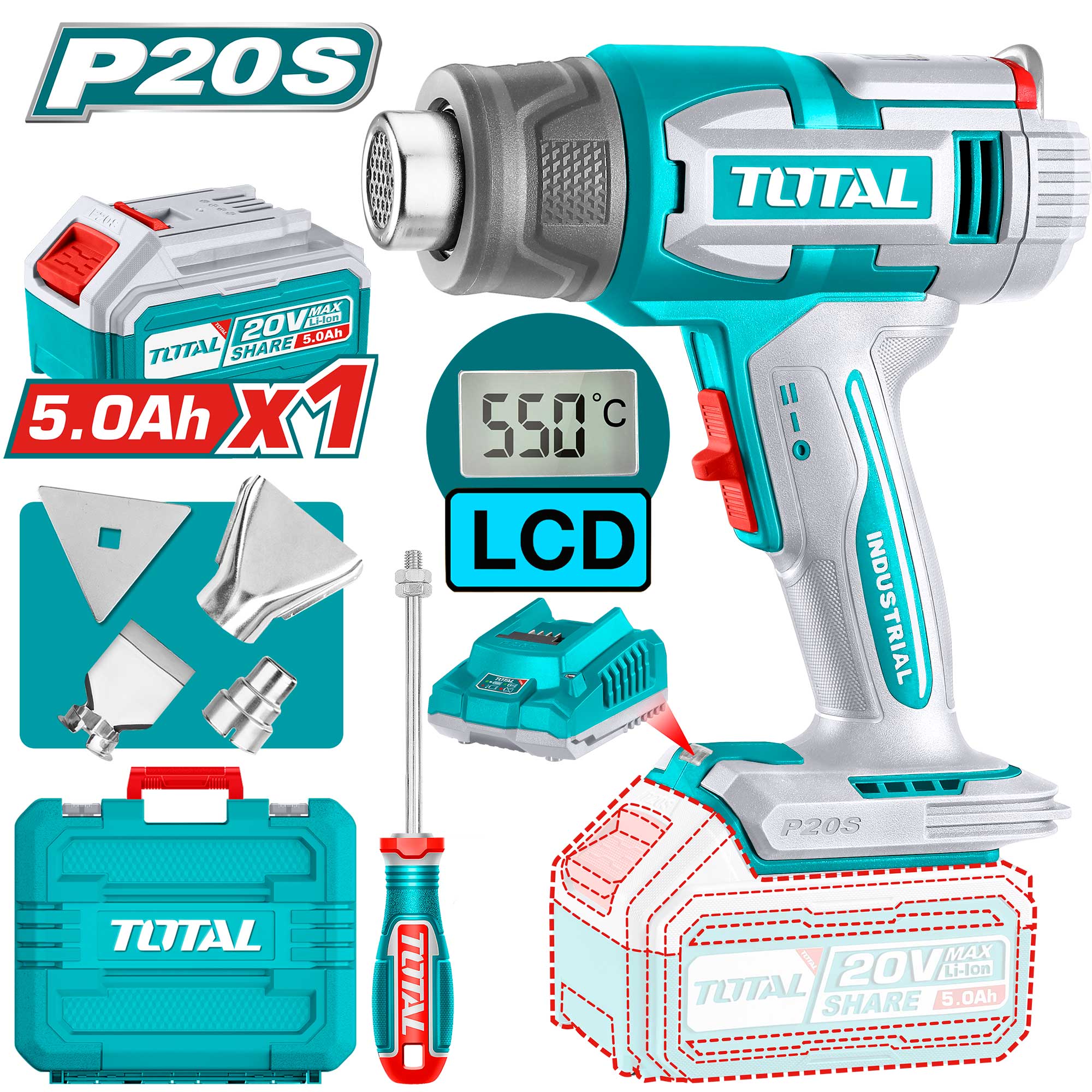 Akumulatorska toplotna pištola (fen) 20V/P20S/ INDUSTRIAL (SET Baterija 1x5Ah, Polnilec, Kovček) (TBLI20035) TOTAL