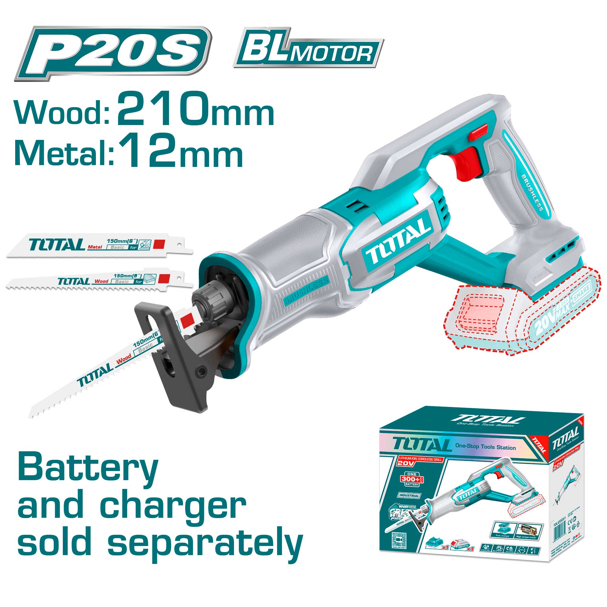 Akumulatorska sabljasta žaga 210mm /2800rpm/20V/2.0Ah-7.5Ah/P20S (Brez baterije) (TRSLI2108) TOTAL