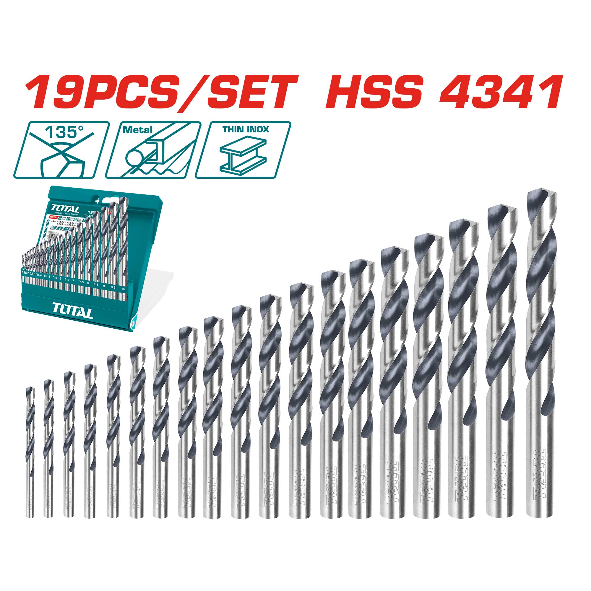 19-delni set spiralnih svedrov HSS 4341/ INDUSTRIAL (TACSD0195) TOTAL