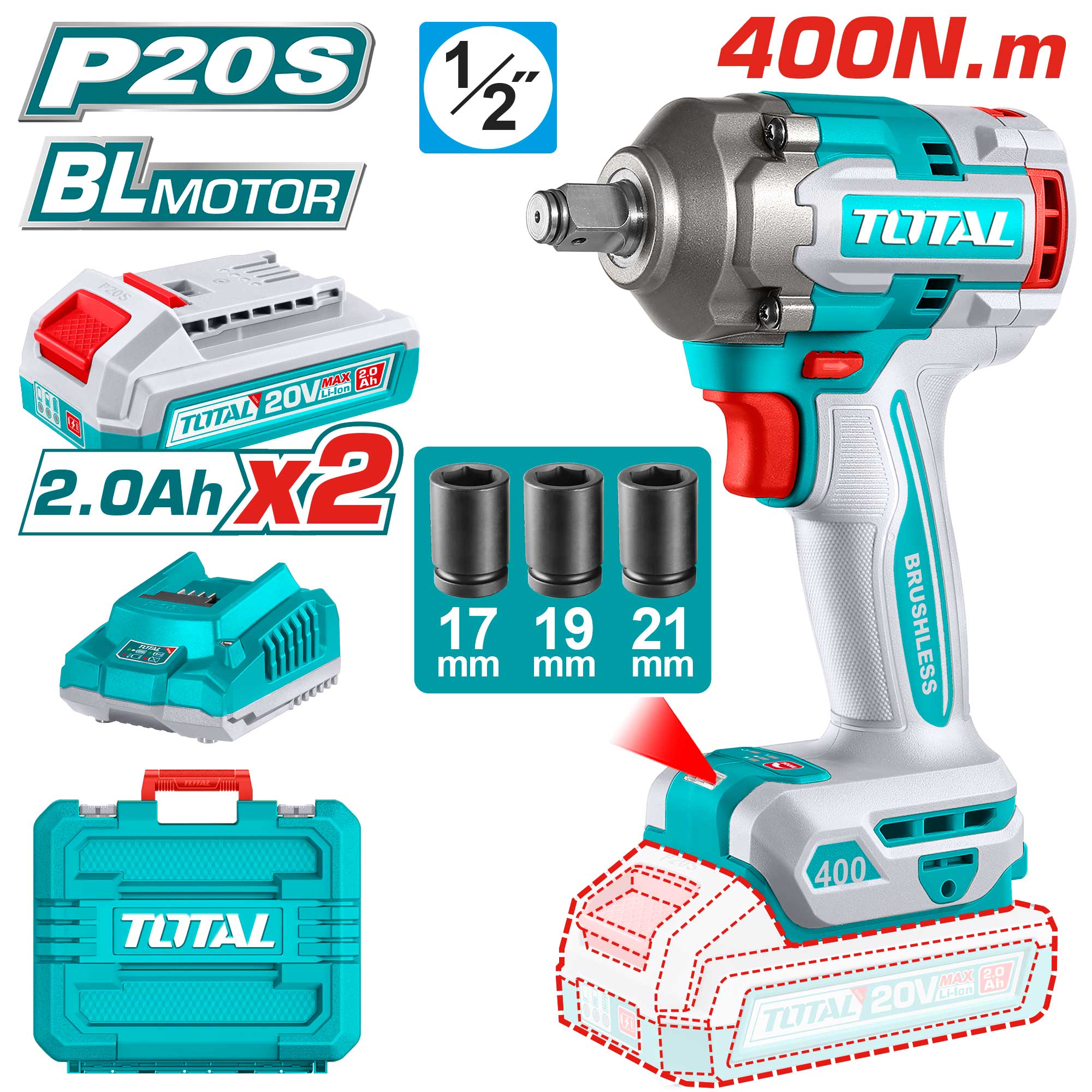 Akumulatorski udarni vijačnik 400Nm/1/2″/ INDUSTRIAL (SET Baterija 2x2Ah, Polnilec, Kovček) (TIWLI2040E) TOTAL