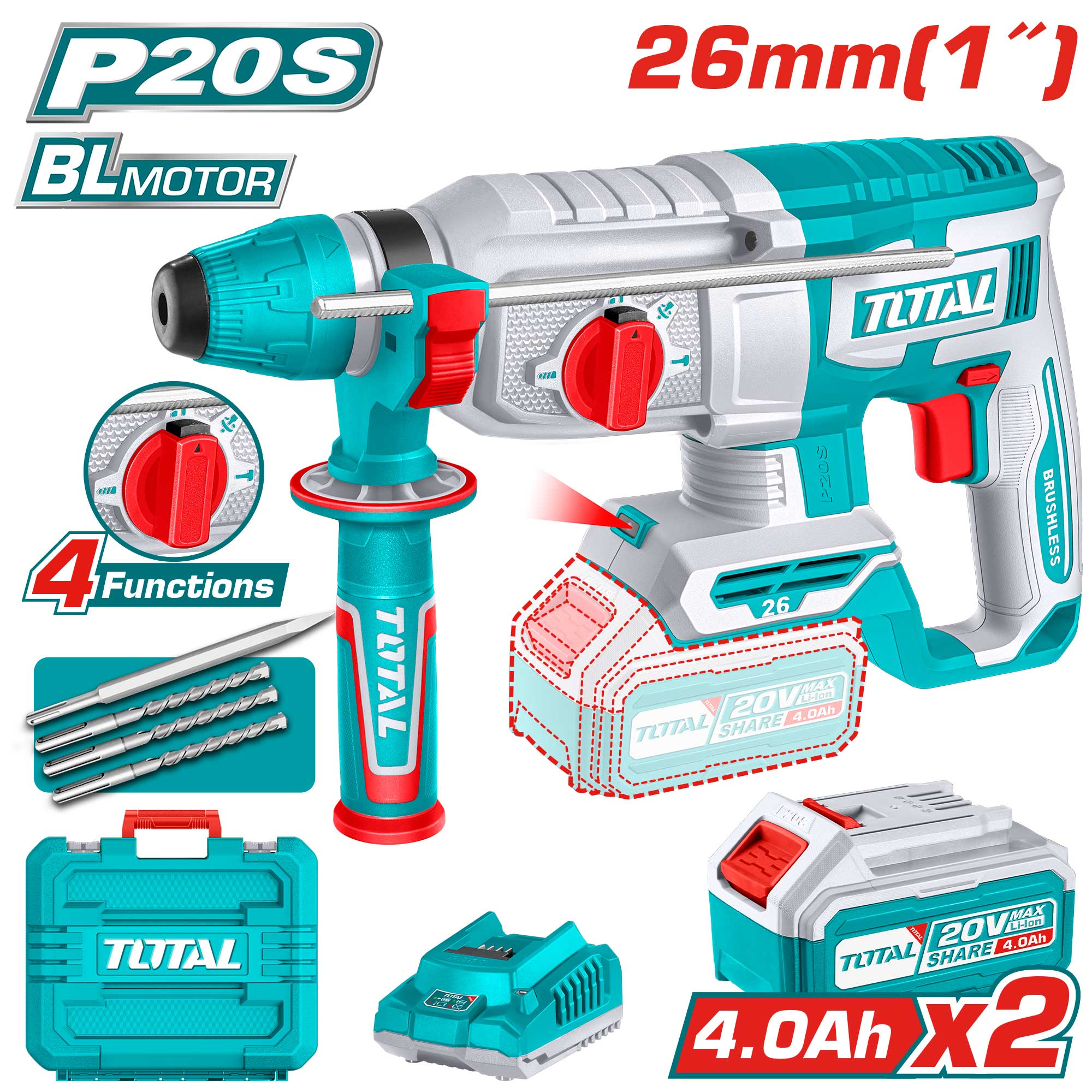 Akumulatorsko rotacijsko kladivo 26mm/ SDS Plus/5000bpm/2,5J/ INDUSTRIAL (SET Baterija 2x4Ah, Polnilec, Kovček) (TRHLI202682E) TOTAL