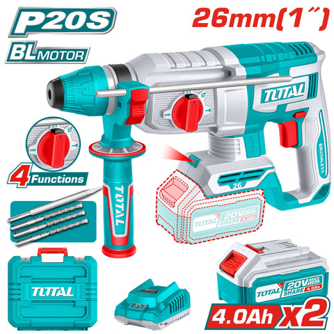 Akumulatorsko rotacijsko kladivo 26mm/ SDS Plus/5000bpm/2,5J/ INDUSTRIAL (SET Baterija 2x4Ah, Polnilec, Kovček) (TRHLI202682E) TOTAL