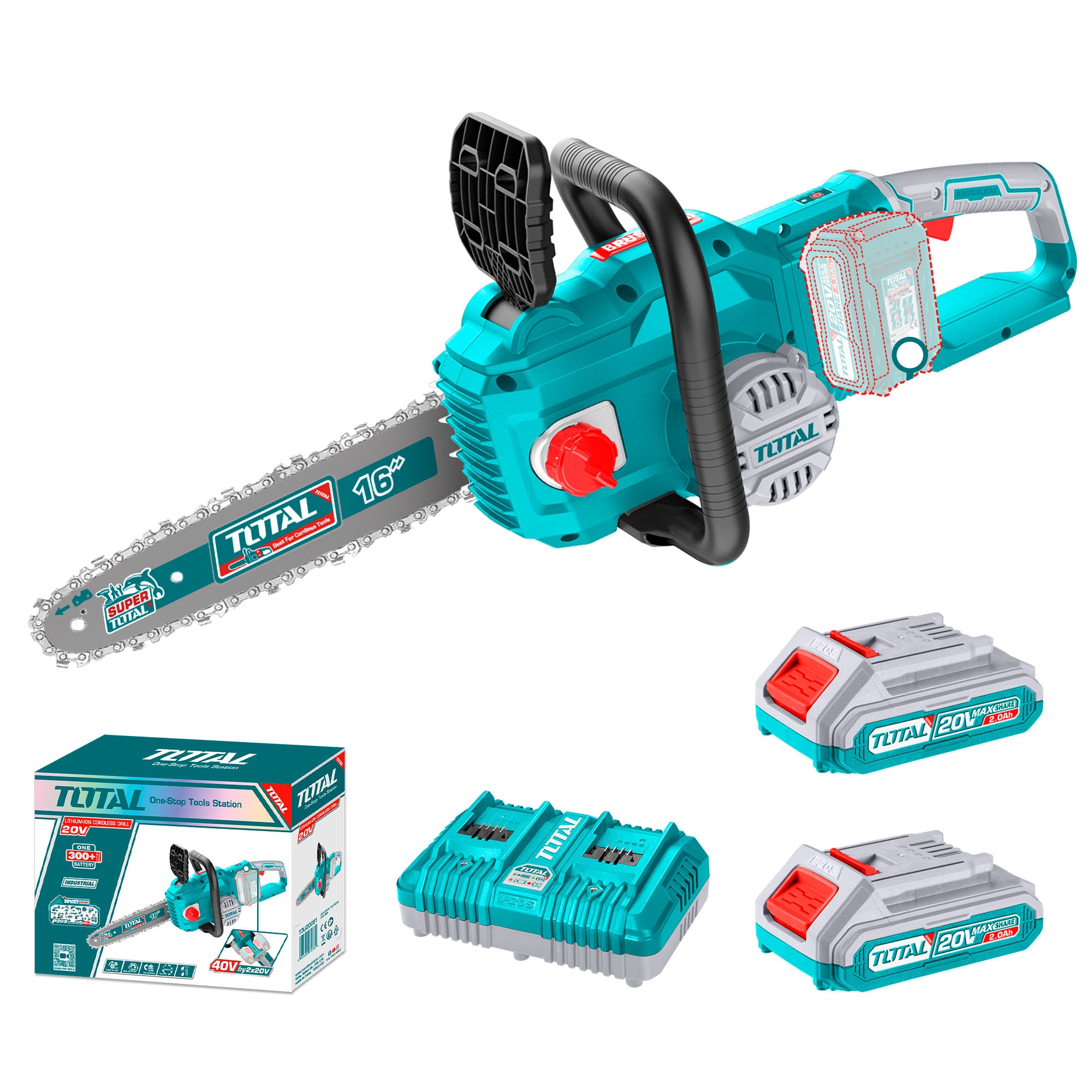 Akumulatorska verižna žaga 20V/14,5m/s/ 400mm/P20S/ INDUSTRIAL (SET Baterija 2x4Ah, Polnilec) (TGSLI401682) TOTAL