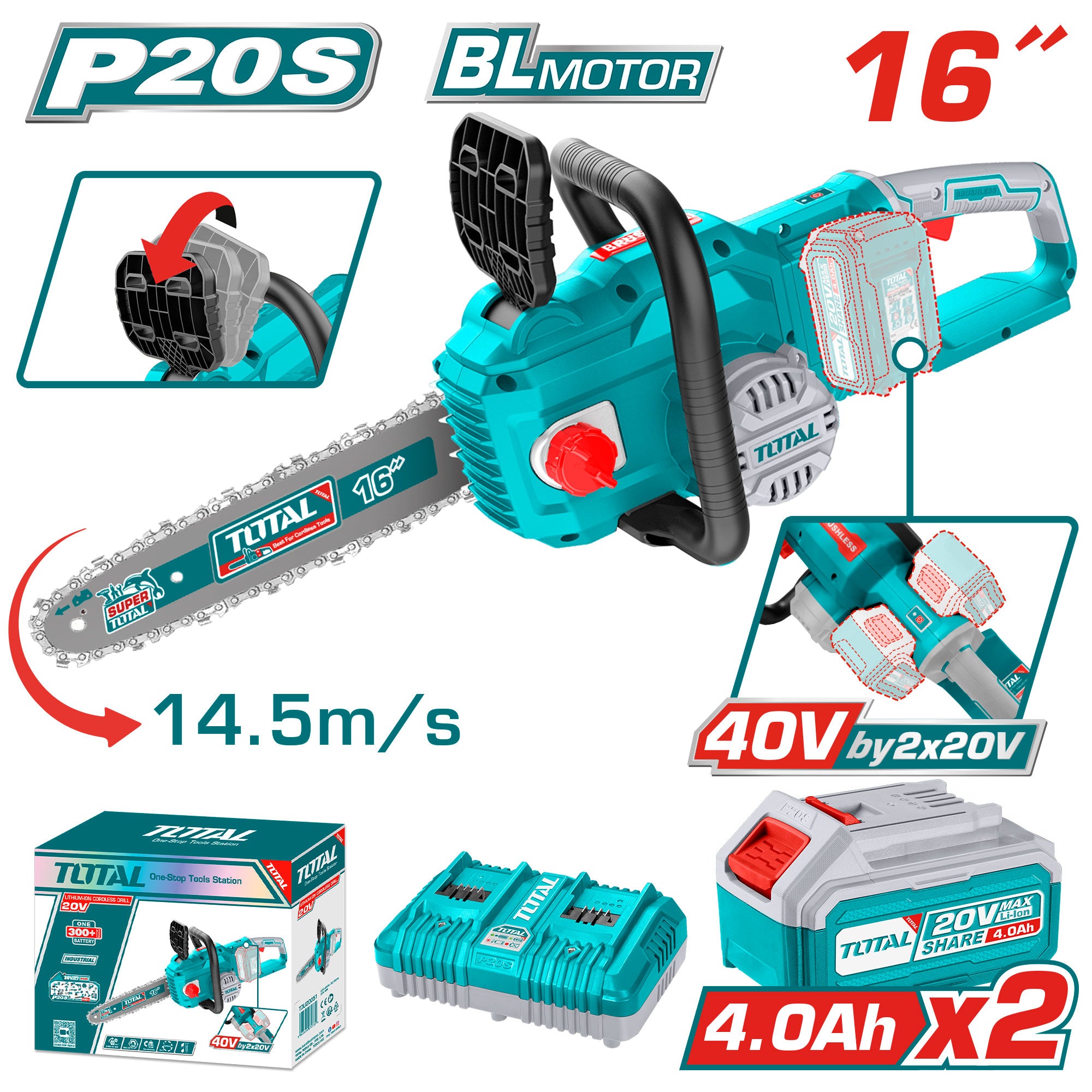 Akumulatorska verižna žaga 20V/14,5m/s/ 400mm/P20S/ INDUSTRIAL (SET Baterija 2x4Ah, Polnilec) (TGSLI401682) TOTAL