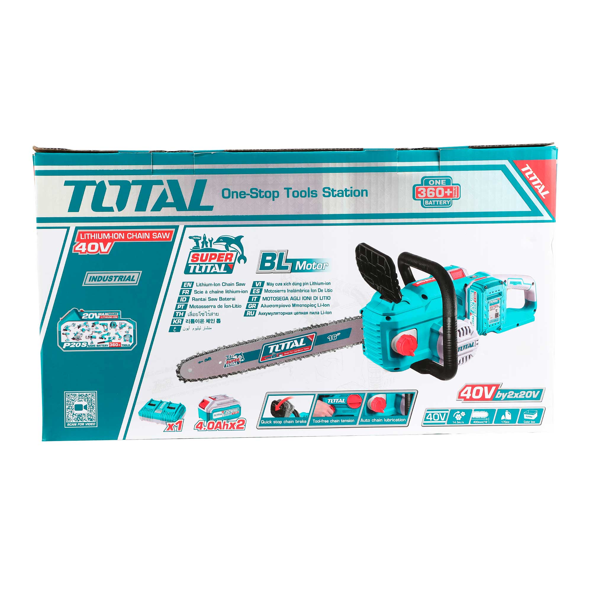 Akumulatorska verižna žaga 20V/14,5m/s/ 400mm/P20S/ INDUSTRIAL (SET Baterija 2x4Ah, Polnilec) (TGSLI401682) TOTAL