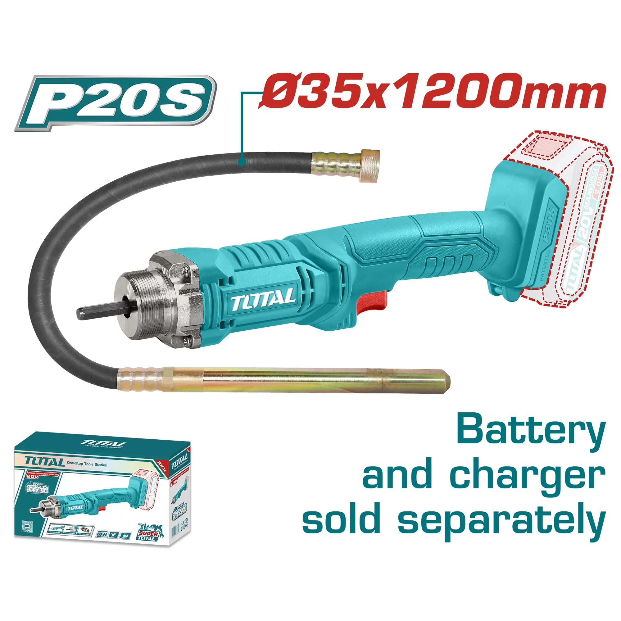 Akumulatorski betonski vibrator 2300rpm/20V/2.0Ah-7.5Ah/P20S (Brez baterije) (TCVLI202301) TOTAL