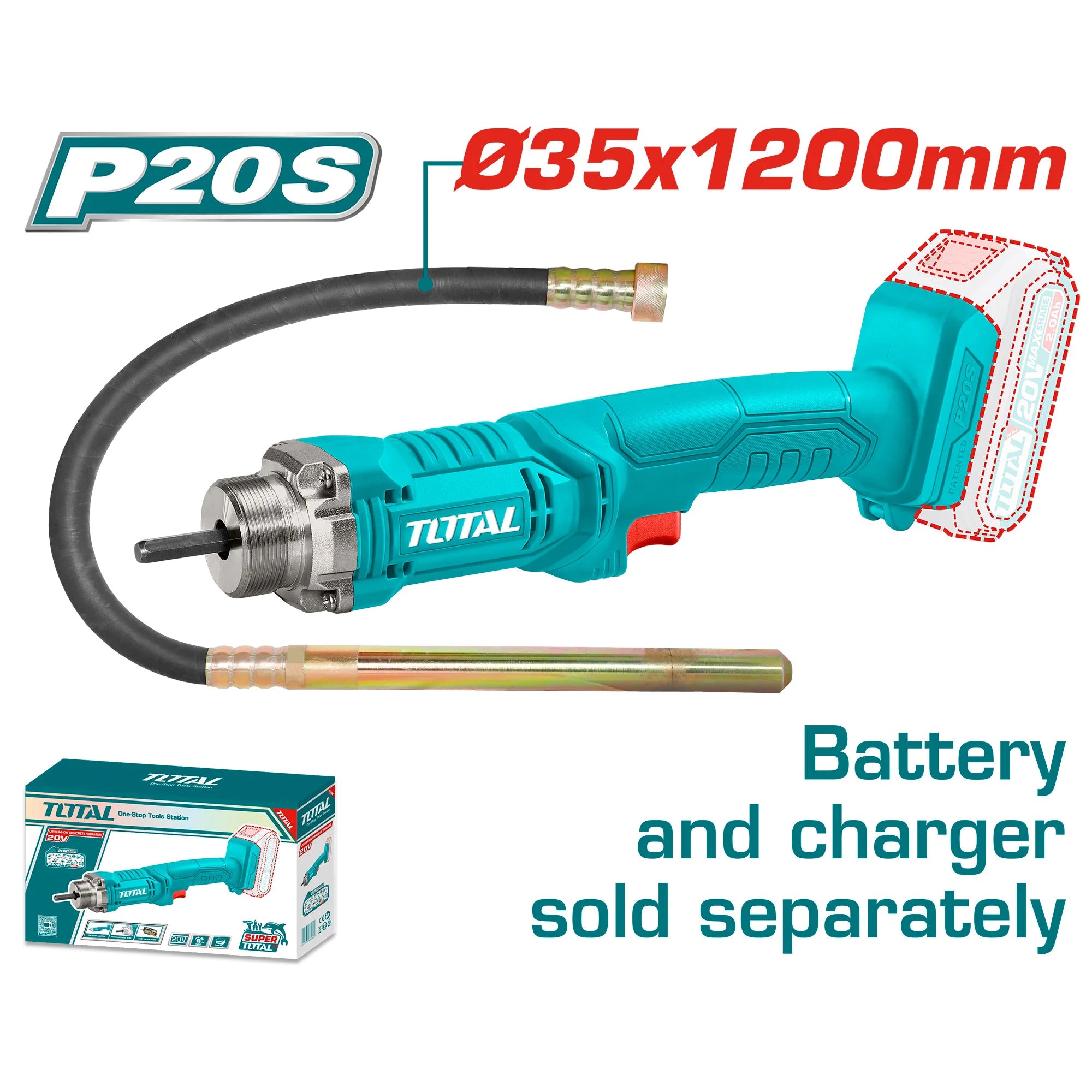 Akumulatorski betonski vibrator 2300rpm/20V/2.0Ah-7.5Ah/P20S (Brez baterije) (TCVLI202301) TOTAL
