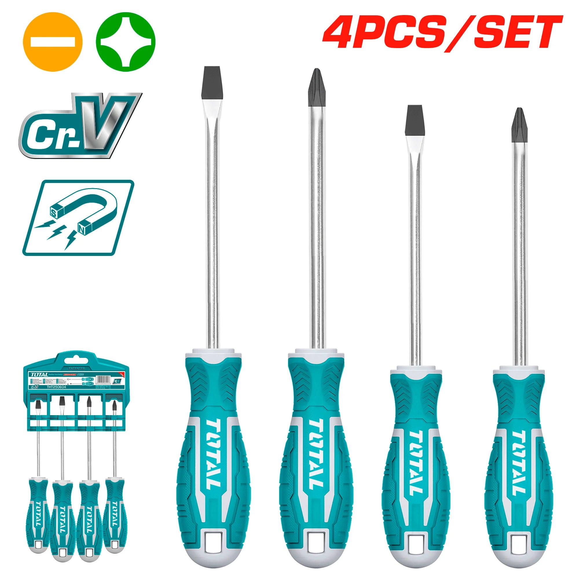 4-delni set izvijačev, CRV/ SL5.5X100mm/SL6.5X150mm/ PH1X100mm/ PH2X150mm (THT250604) TOTAL
