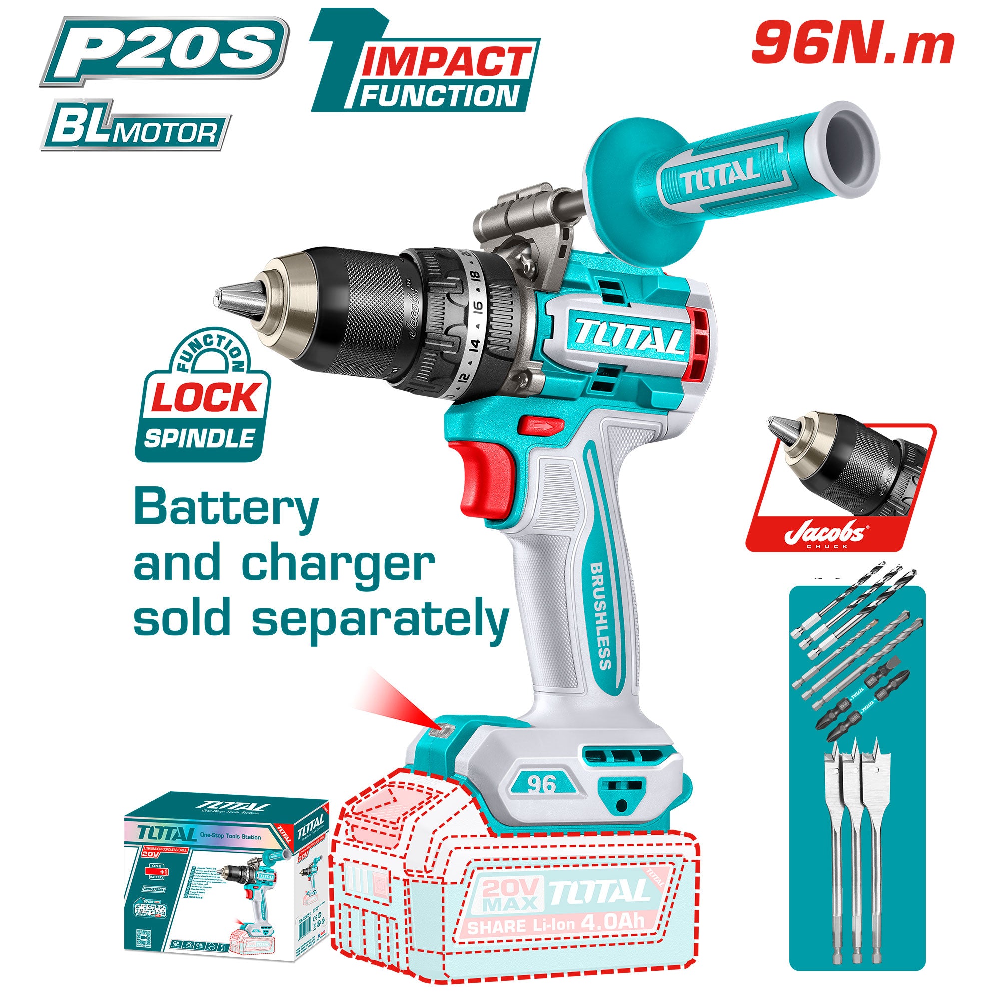 Kompaktni brezkrtačni akumulatorski vrtalnik N 2100prm/96Nm/P20S/ INDUSTRIAL (Brez baterije) (TIDLI209685) TOTAL