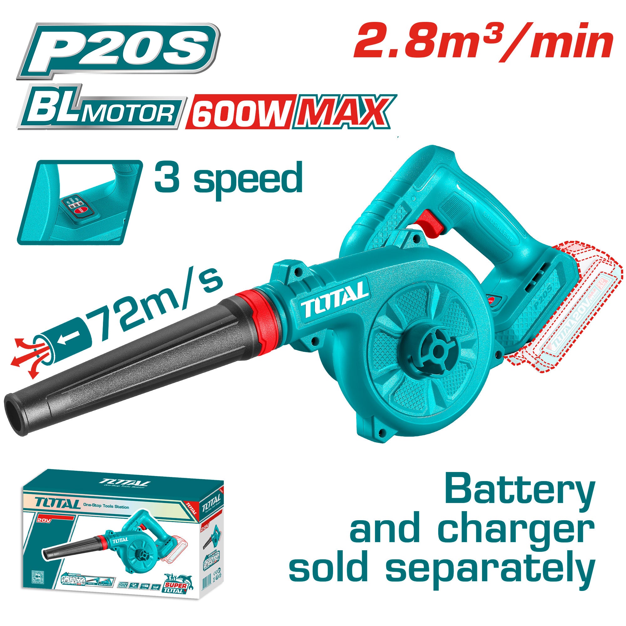 Akumulatorsko puhalo 72m/s / 19500rpm/20V/2.0Ah-7.5Ah/P20S/ INDUSTRIAL (Brez baterije) (TABLI2068) TOTAL