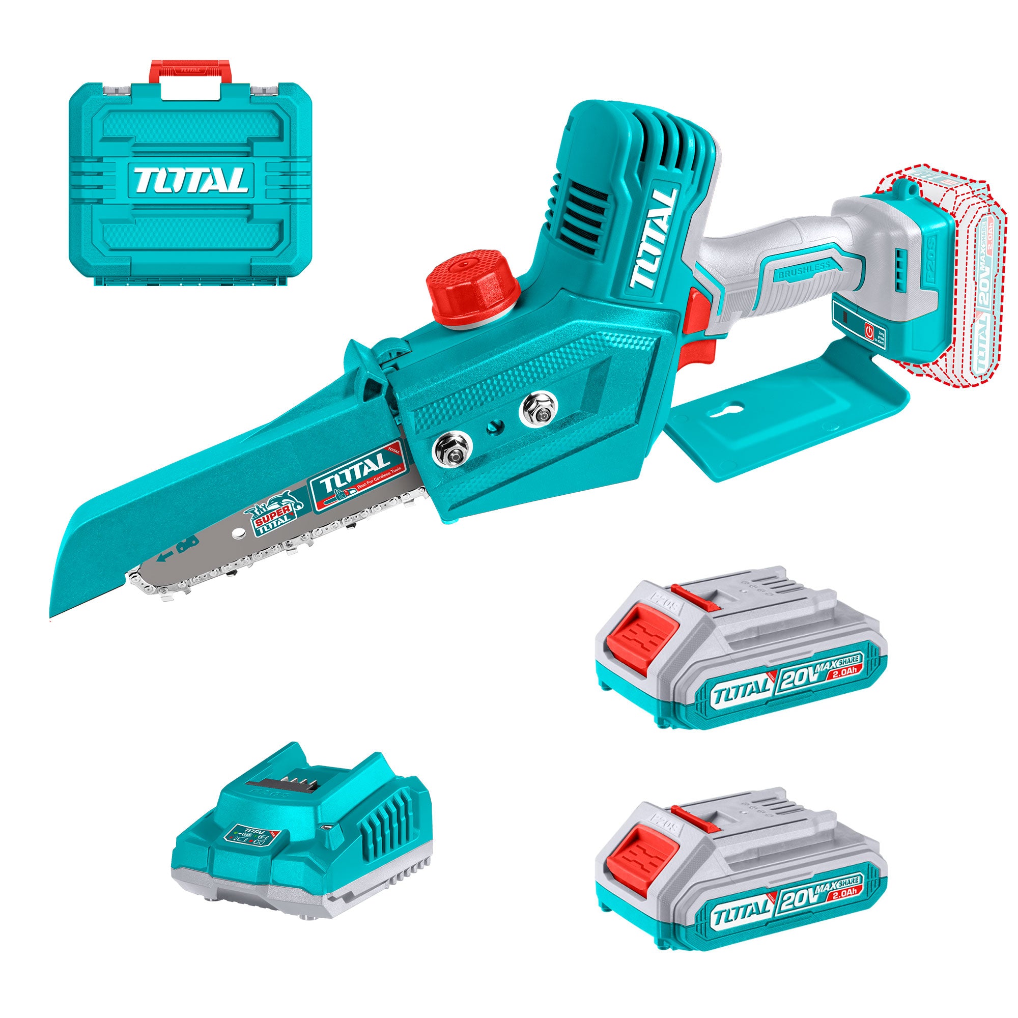 Akumulatorska mini verižna žaga 150mm, 20V/2.0Ah-7.5Ah/P20S/ INDUSTRIAL (SET Baterija 2x2Ah, Polnilec, Kovček) (TGSLI20686) TOTAL