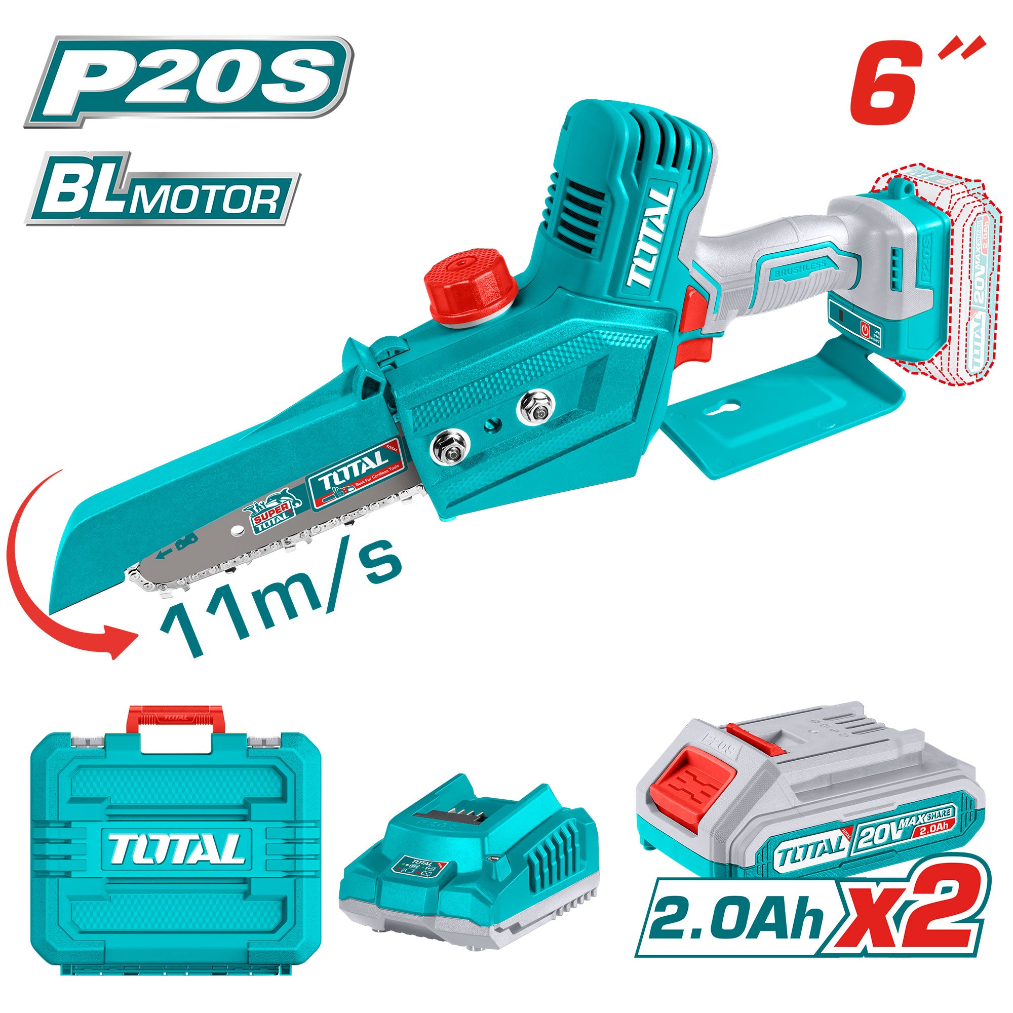 Akumulatorska mini verižna žaga 150mm, 20V/2.0Ah-7.5Ah/P20S/ INDUSTRIAL (SET Baterija 2x2Ah, Polnilec, Kovček) (TGSLI20686) TOTAL