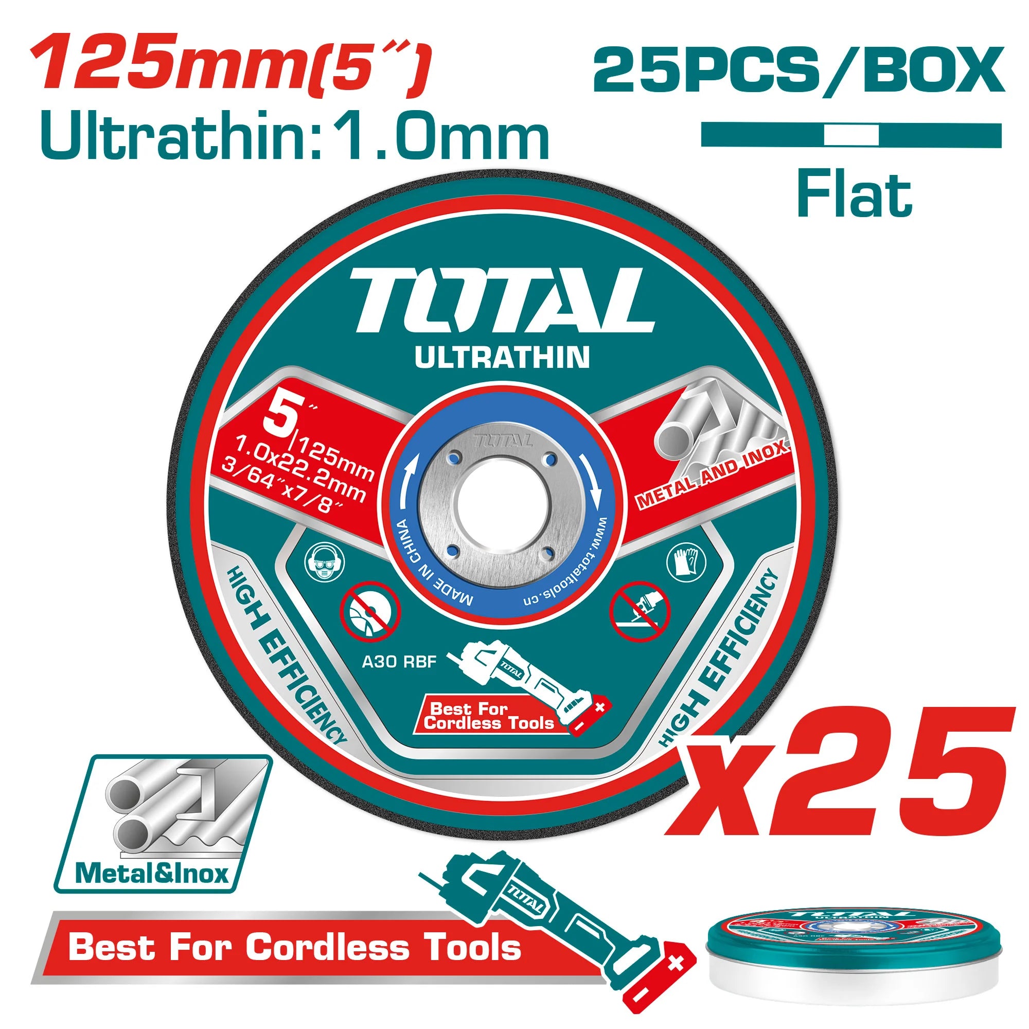 25 kosov/komplet ultra tanke plošče za rezanje kovine 125x1x22,2 mm (TAC21012525) TOTAL
