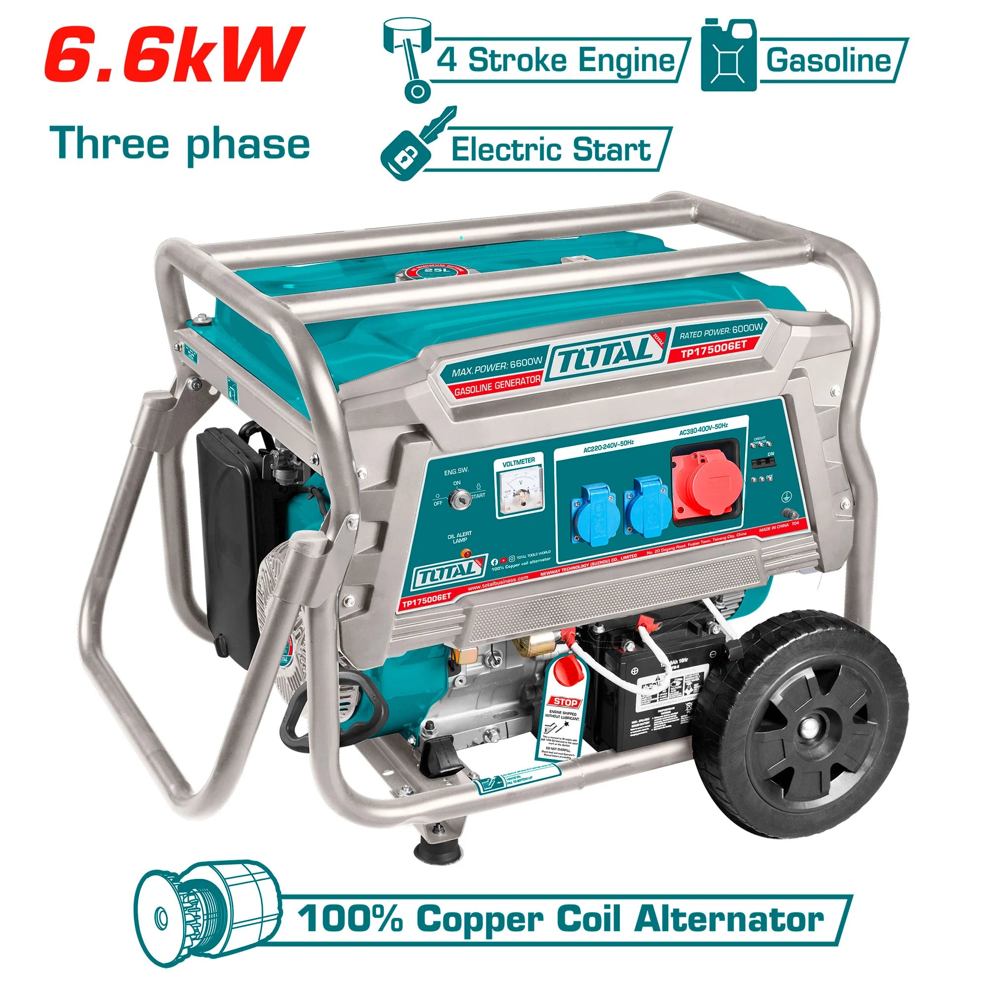 Bencinski generator 6,6kW, 25L/15KM/9ur/3000rpm INDUSTRIAL (TP175006ET) TOTAL