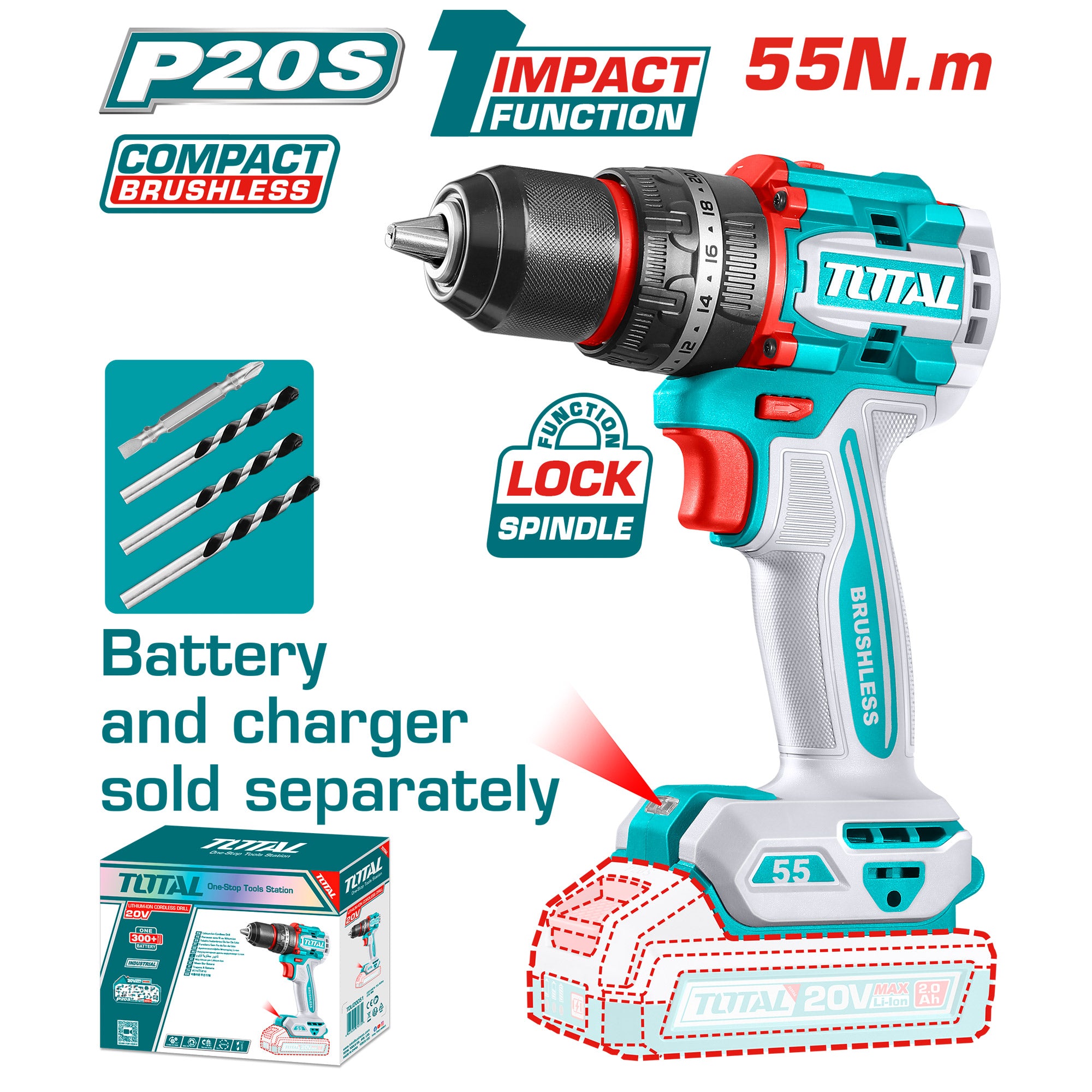 Kompakten brezkrtačni akumulatorski udarni vrtalnik 2000prm/55Nm/P20S/ INDUSTRIAL (Brez baterije) (TIDLI205581) TOTAL