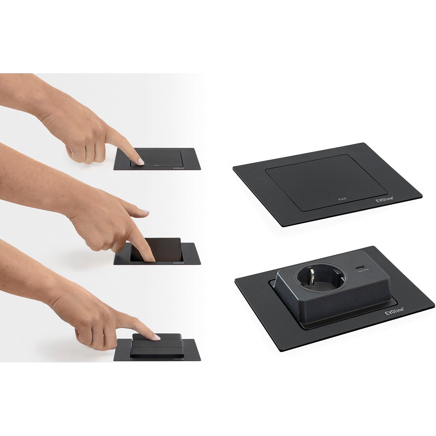 Vgradna vtičnica EVOLINE BackFlip  1 x Schuko vtičnici 1xUSB-C Črna barva