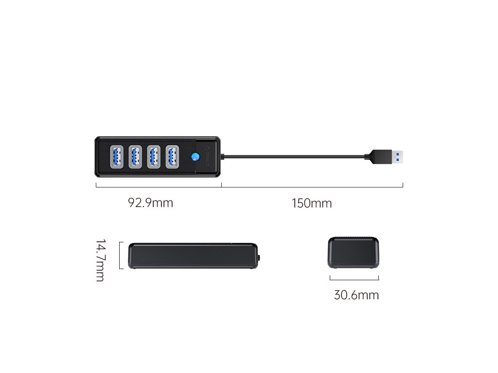 USB hub s 4 vhodi, USB 3.0, 0.15m, črn, ORICO PW4U-U3-015
