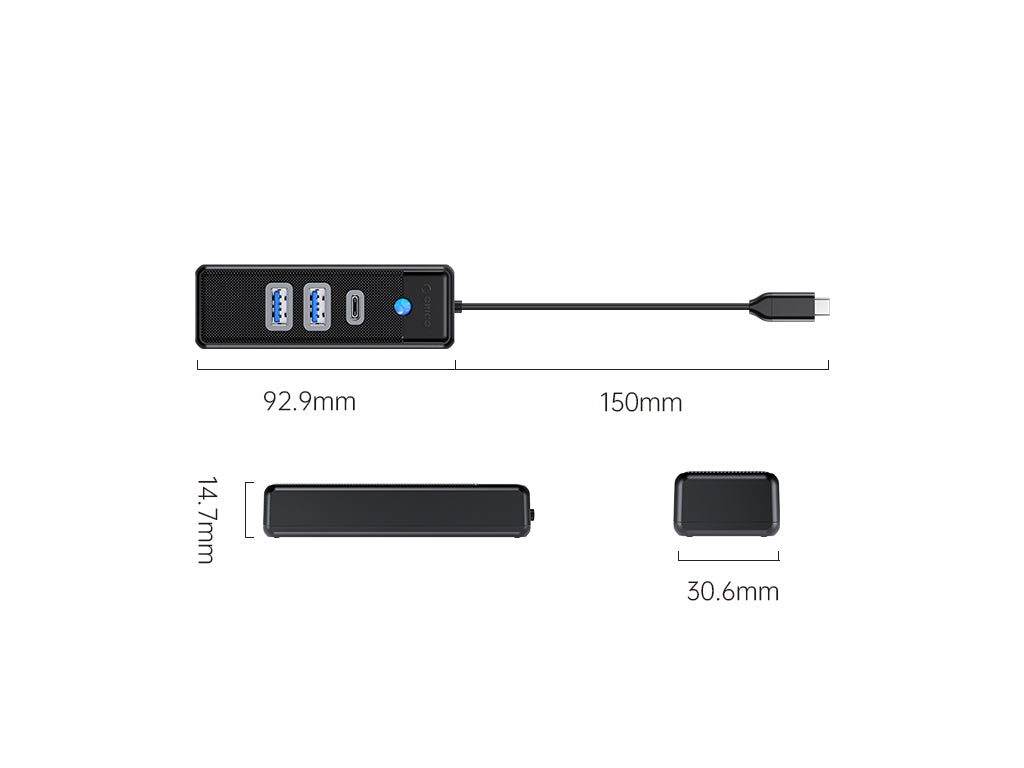 USB-C hub s 3 vhodi, 2x USB-A, 1x USB-C, USB 3.0, 0.15m, črn, ORICO PWC2U-C3-015