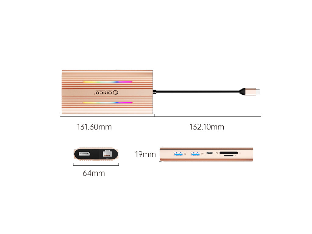 Priključna postaja USB-C 12 v 1, RGB, USB-C 3.1, 3x USB-A, USB-C PD100W, 2x HDMI 4K@60Hz, DP 4K@60Hz, SD+TF, RJ45, AUX, Aluminij, roza, ORICO XDR-X3