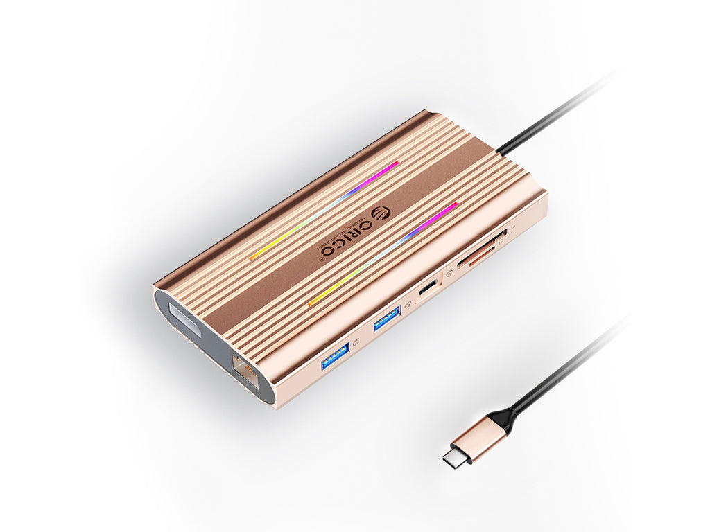 Priključna postaja USB-C 12 v 1, RGB, USB-C 3.1, 3x USB-A, USB-C PD100W, 2x HDMI 4K@60Hz, DP 4K@60Hz, SD+TF, RJ45, AUX, Aluminij, roza, ORICO XDR-X3