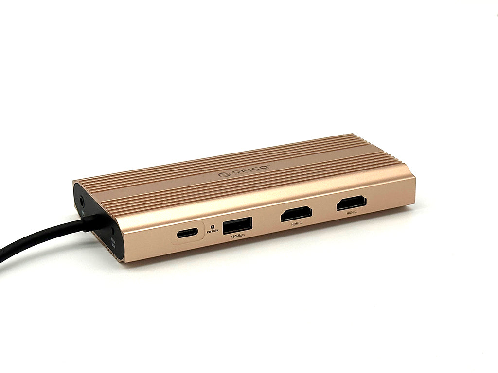 Priključna postaja USB-C 12 v 1, RGB, USB-C 3.1, 3x USB-A, USB-C PD100W, 2x HDMI 4K@60Hz, DP 4K@60Hz, SD+TF, RJ45, AUX, Aluminij, roza, ORICO XDR-X3