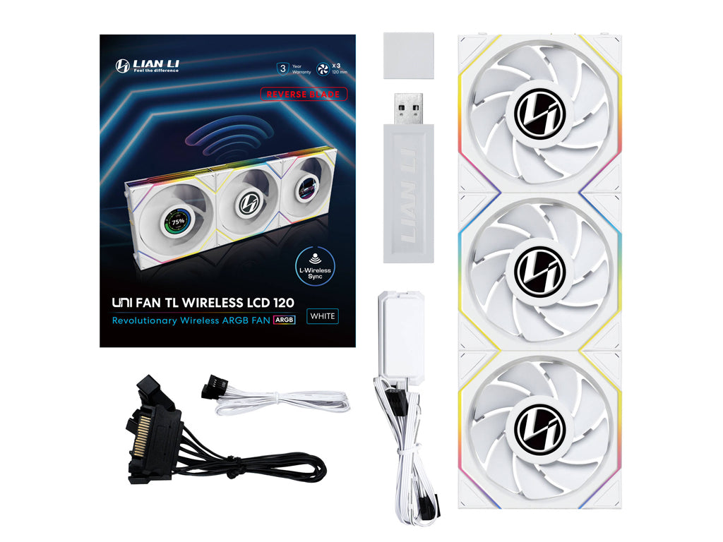 Ventilator za ohišje Lian Li UNI FAN TL Wireless LCD 120 Reverse Blade ARGB PWM 120mm, 3 Pack + Kontroler, bel