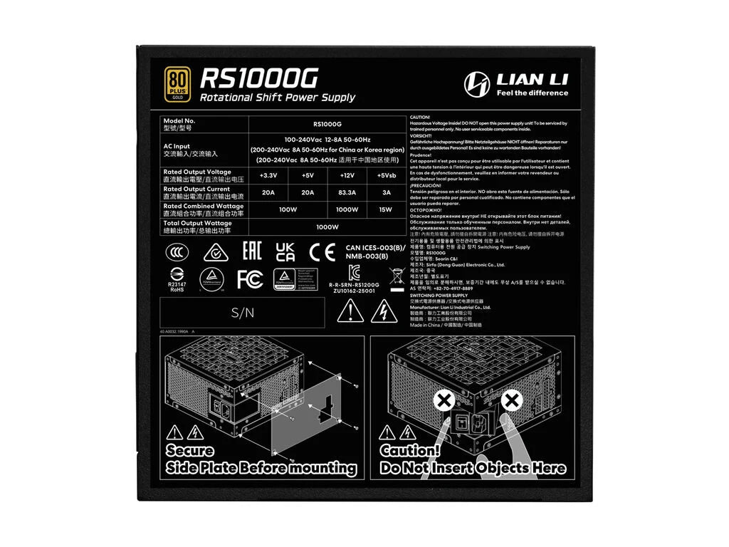 Napajalnik ATX Lian Li RS 1000W, 80 PLUS Gold, 12V-2×6, Modularen, črn