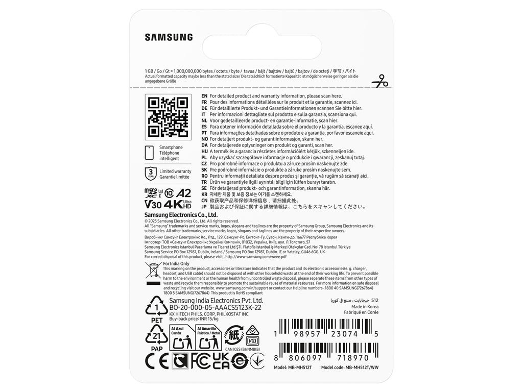 Spominska kartica Samsung T9, micro SDXC, 512GB, U3, V30, A2, UHS-I, 200 MB/s