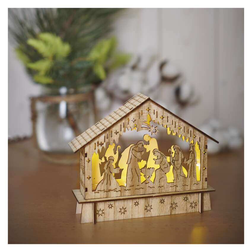 LED božične jaslice lesene, 15 cm, 2x AA, notranje, topla bela, časovnik